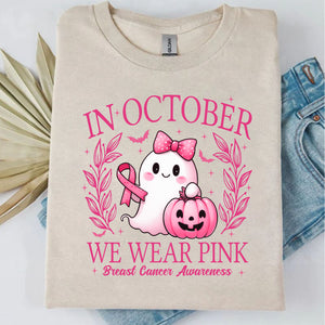 In October We Wear Pink, Breast Cancer Awareness Shirt | Cute Ghost Pink Ribbon T-Shirt | Halloween Pink Out Tee 683307