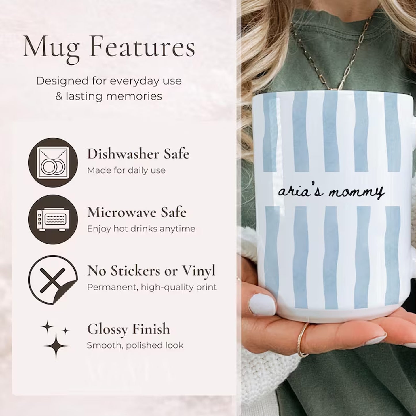 Personalized New Mom Mug, Custom Name Stripe Coffee Cup, First Time Mom Gift, White Mug Accent Mug 684792