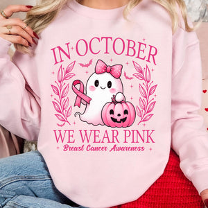 In October We Wear Pink, Breast Cancer Awareness Shirt | Cute Ghost Pink Ribbon T-Shirt | Halloween Pink Out Tee 683307