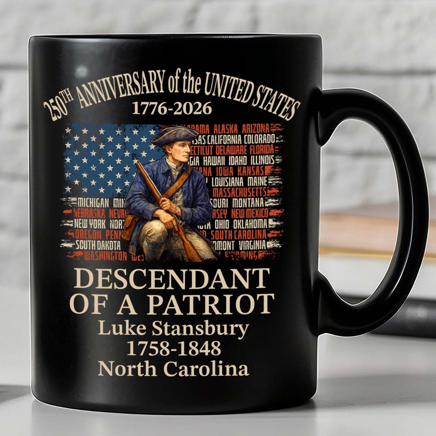 Custom Name Descendant of a Patriot Black Mug | Personalized 250 Years USA 1776–2026 Coffee Mug 684433