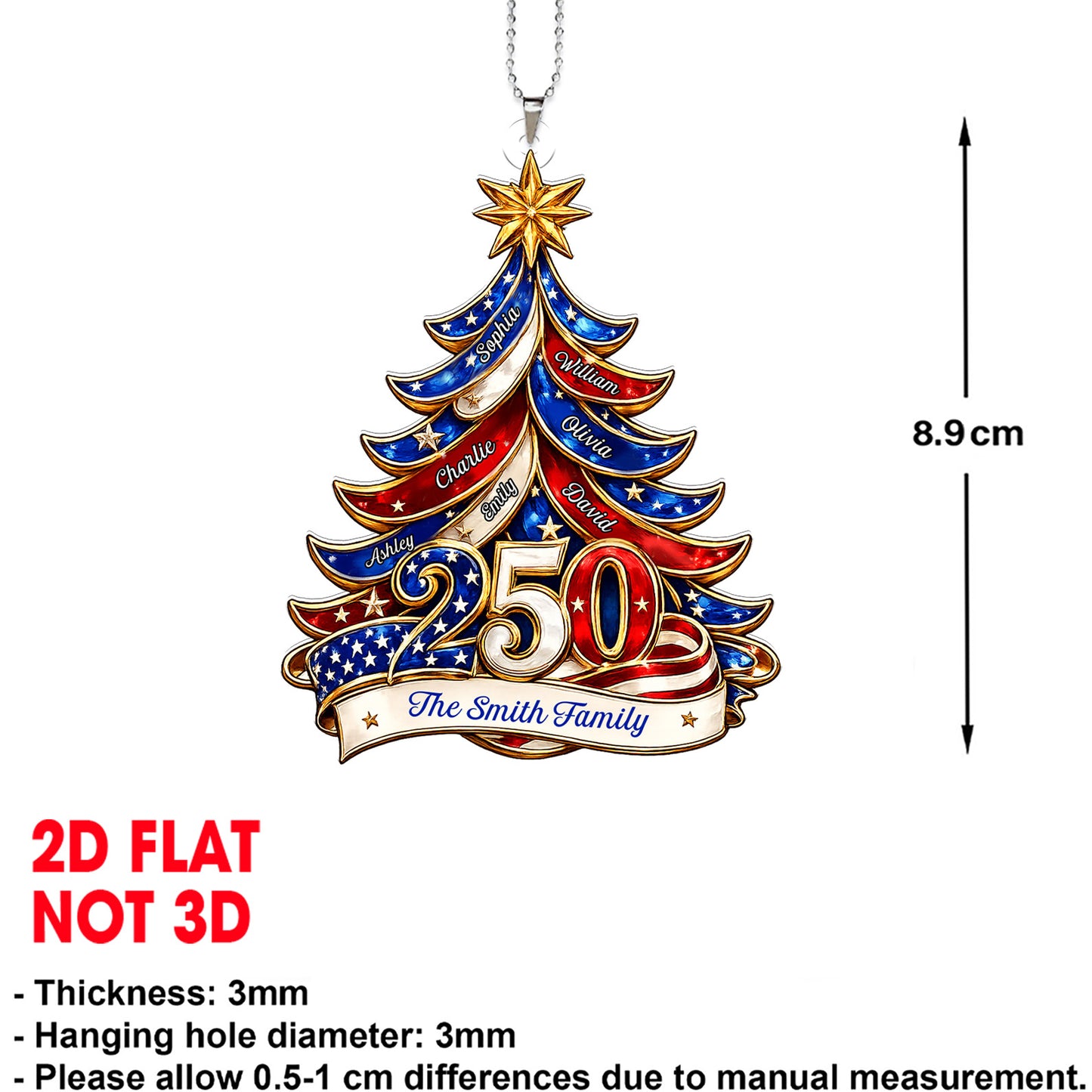 Personalized Patriotic Christmas Tree 250 Years USA Car Ornament, Custom Family Name Car Decor 685756