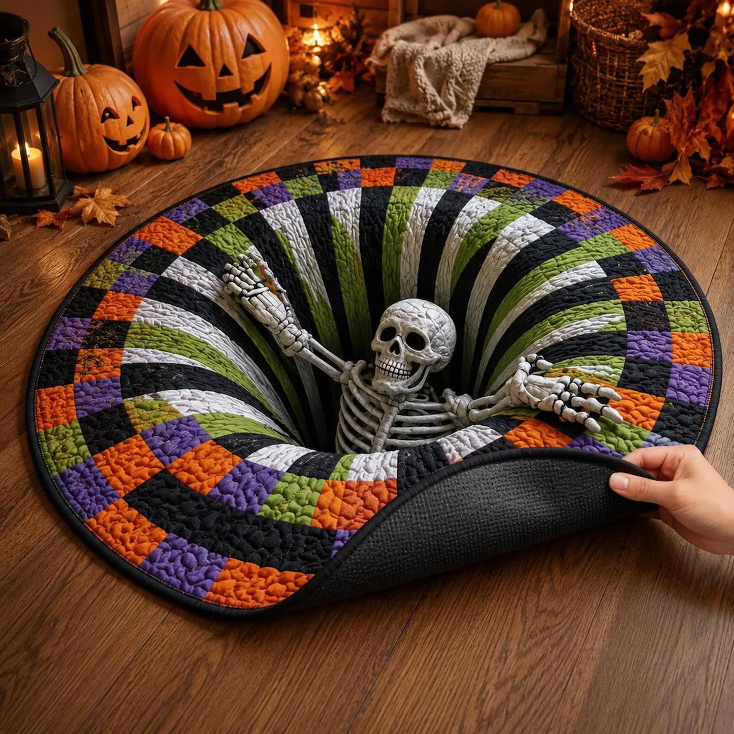 3D Skeleton Halloween Round Rug, Spooky Optical Illusion Floor Mat, Creepy Haunted House Halloween Decor 685932 WFD