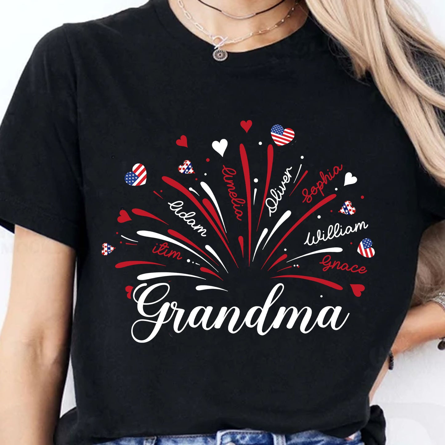 Personalized Grandma Kids Names Firework Shirt, Patriotic 250 Years Nana Mimi Gigi 4th of July Tee 685206