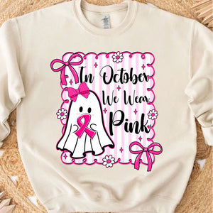 October We Wear Pink Breast Cancer Awareness Shirt | Cute Ghost Pink Ribbon T-Shirt | Halloween Pink Out Tee 683314-3