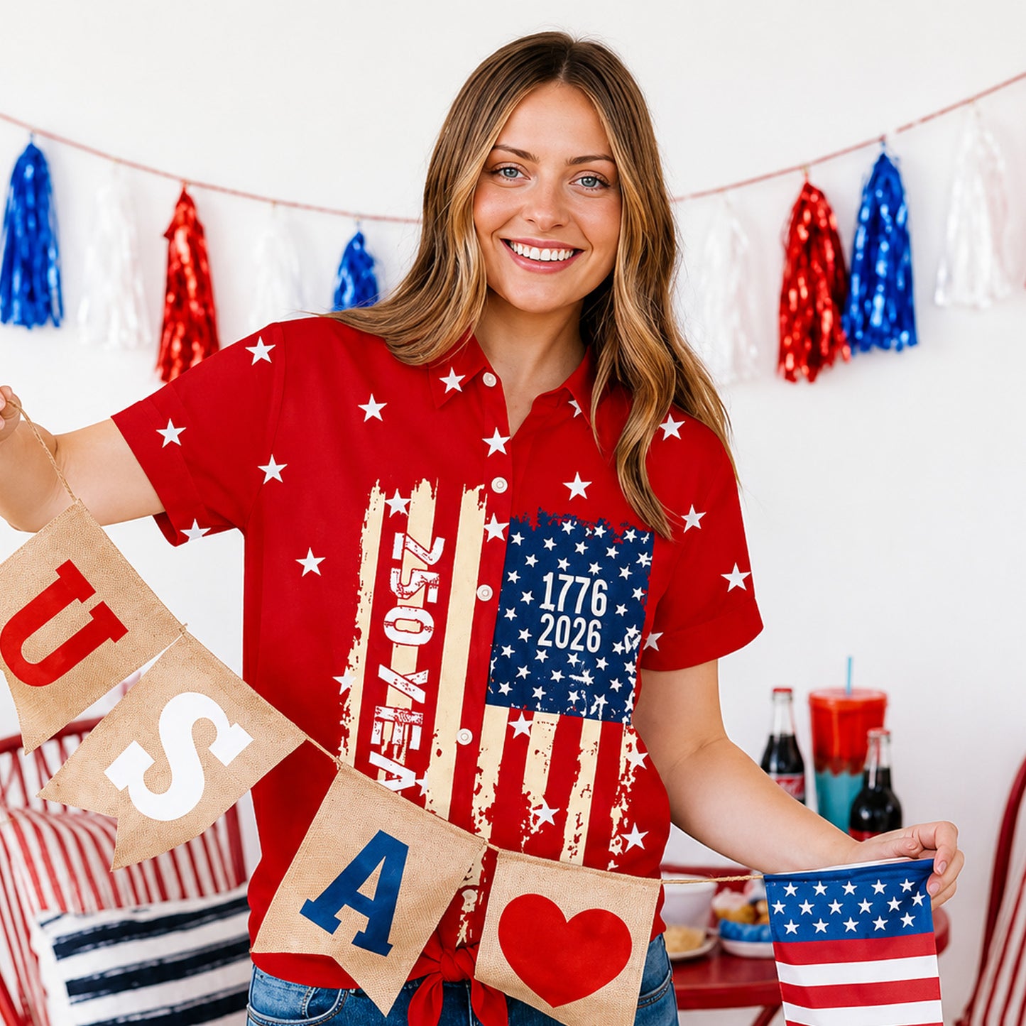 250 Years USA Anniversary Blouse Shirt, Women's Patriotic Flag Top, 1776-2026 Independence Day Shirt 685341 WFD