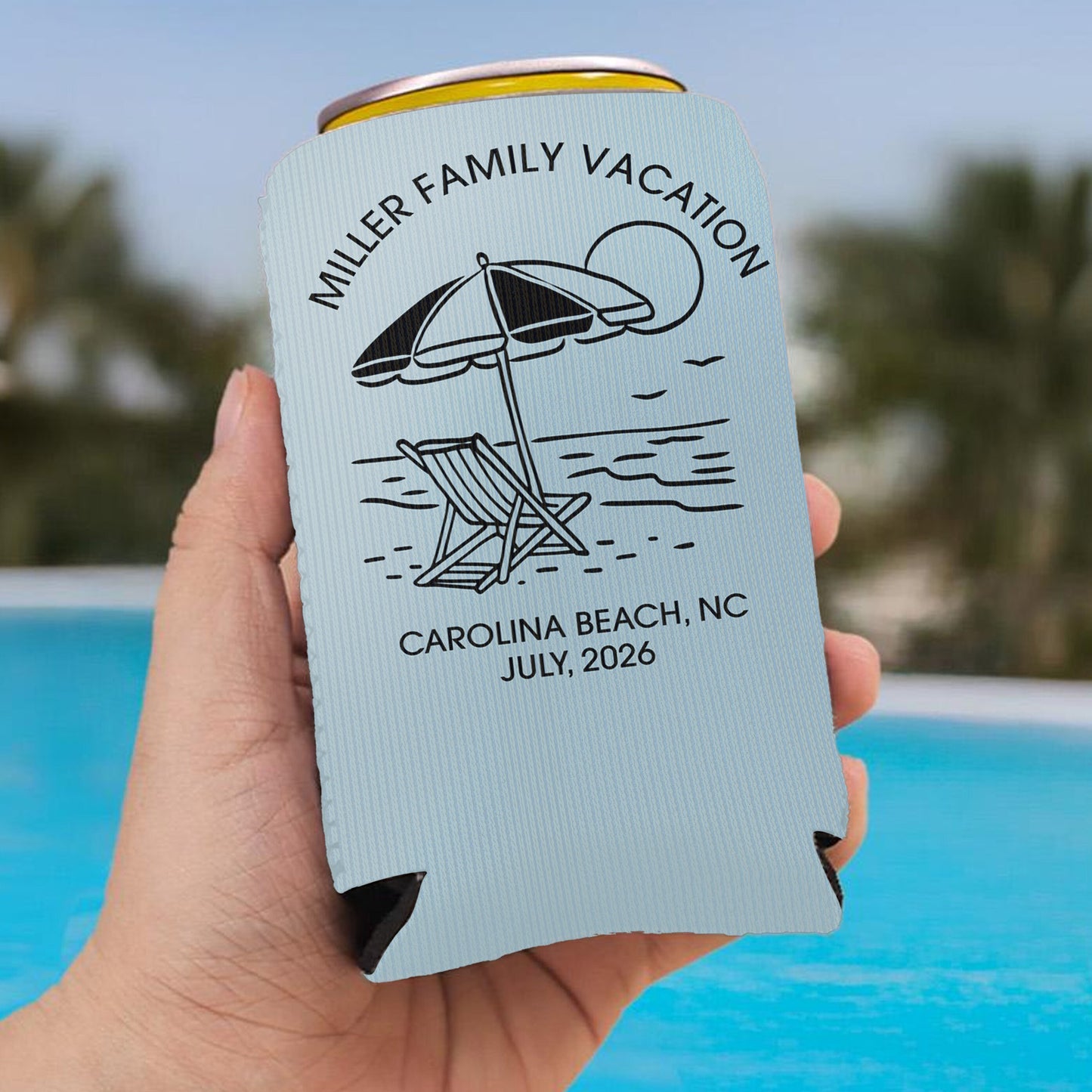 Personalized Beach Vacation Can Cooler, Custom Family Reunion Can Sleeve, Summer Party Favor, Beach Trip Gift 685508