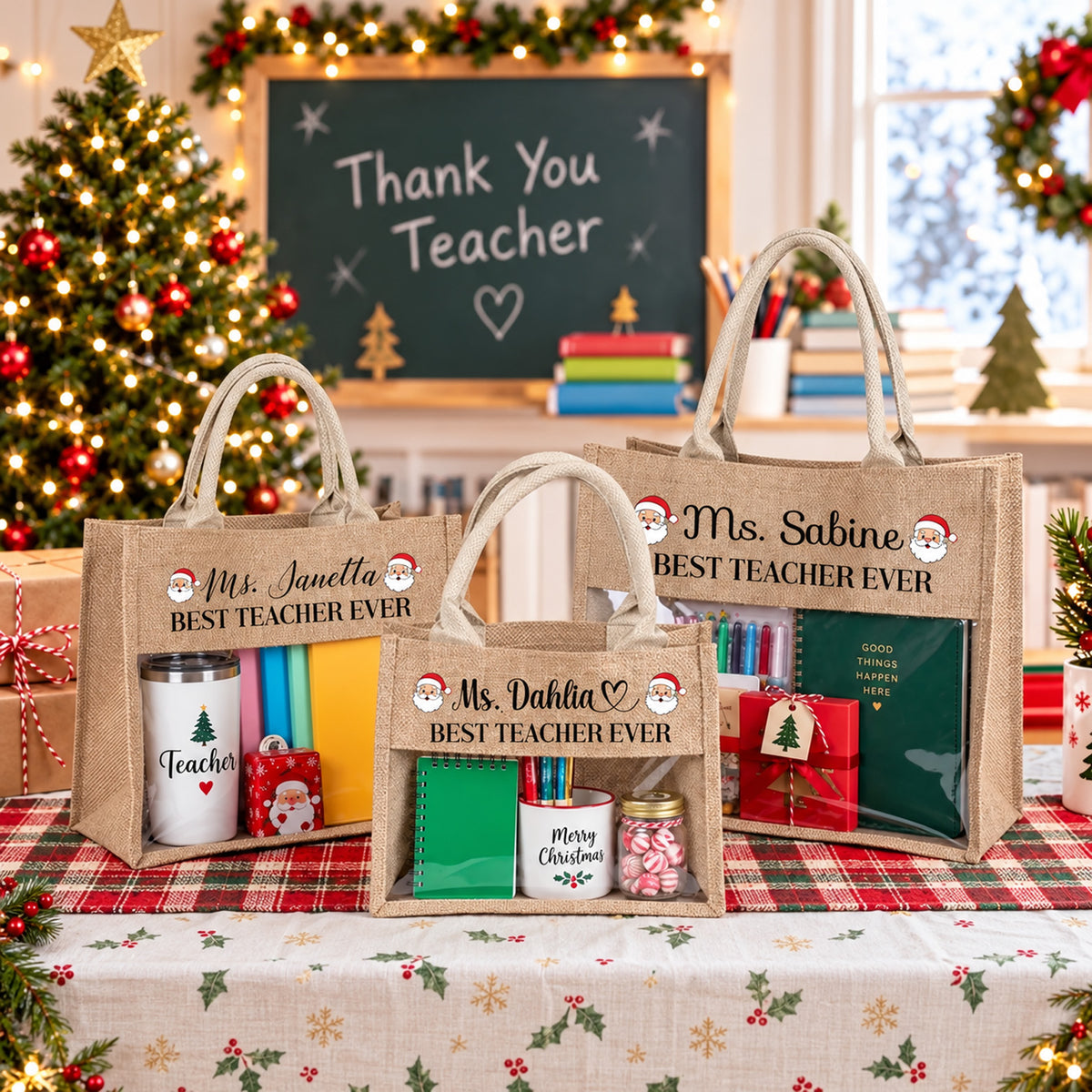 Personalized Teacher Christmas Tote Bag, Custom Name Jute Gift Bag, Christmas Teacher Appreciation Gift 686758 WFD