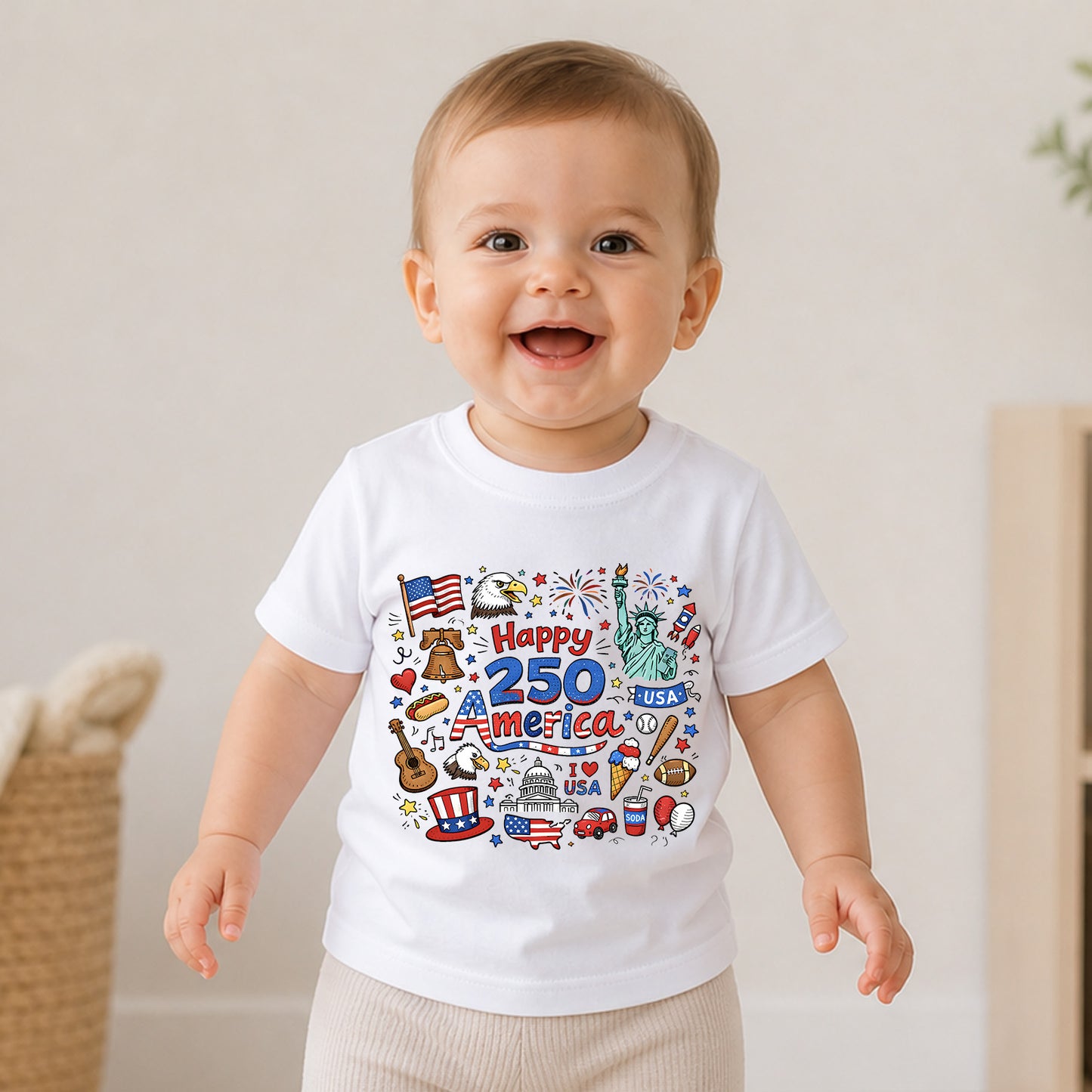 Happy 250 Years Kids T-Shirt, 1776–2026 USA Anniversary Shirt, Patriotic Doodle America Tee for Kids 684926