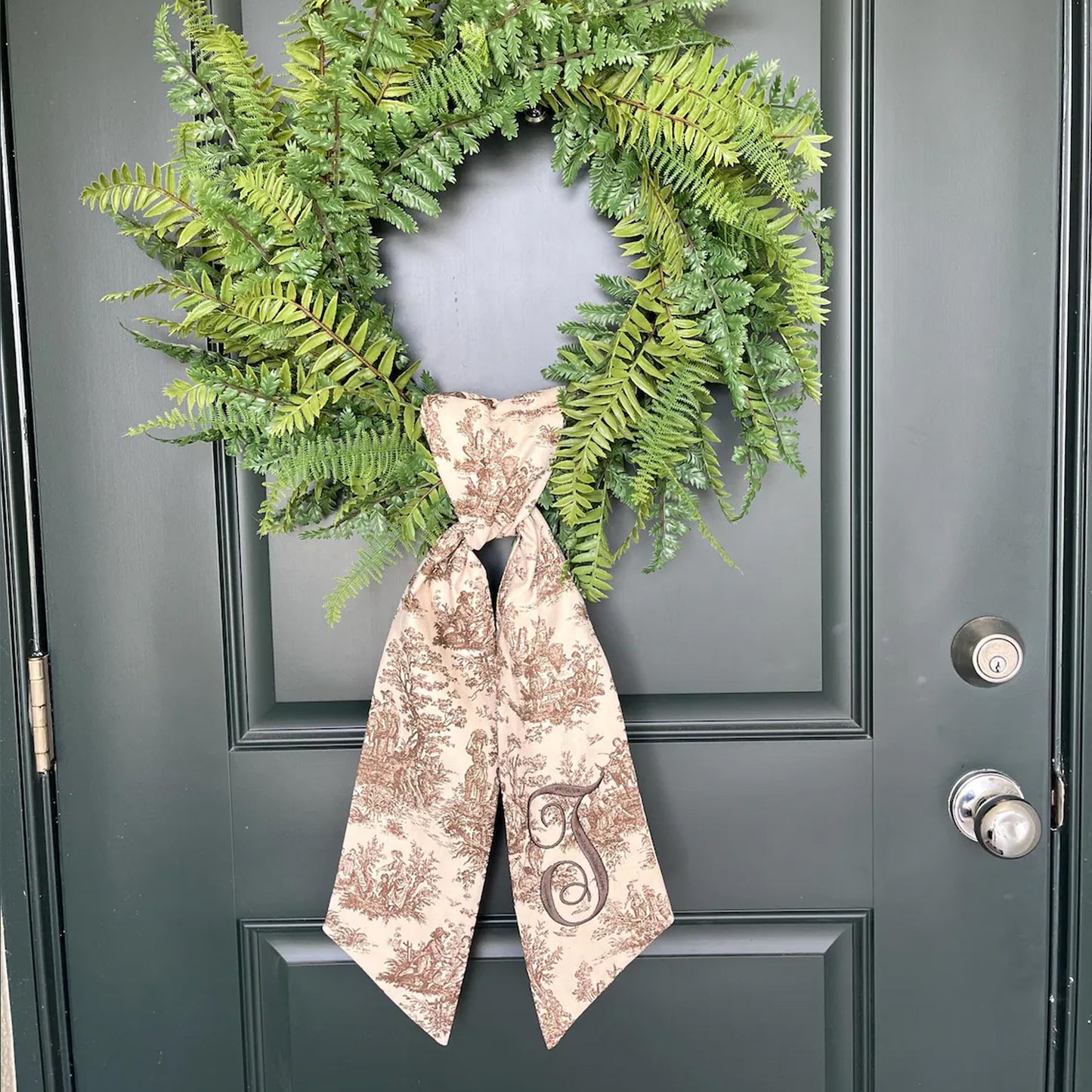Personalized French Toile Wreath Sash, Embroidered Monogram Bow, Custom Initial Front Door Decor 686156 WFD