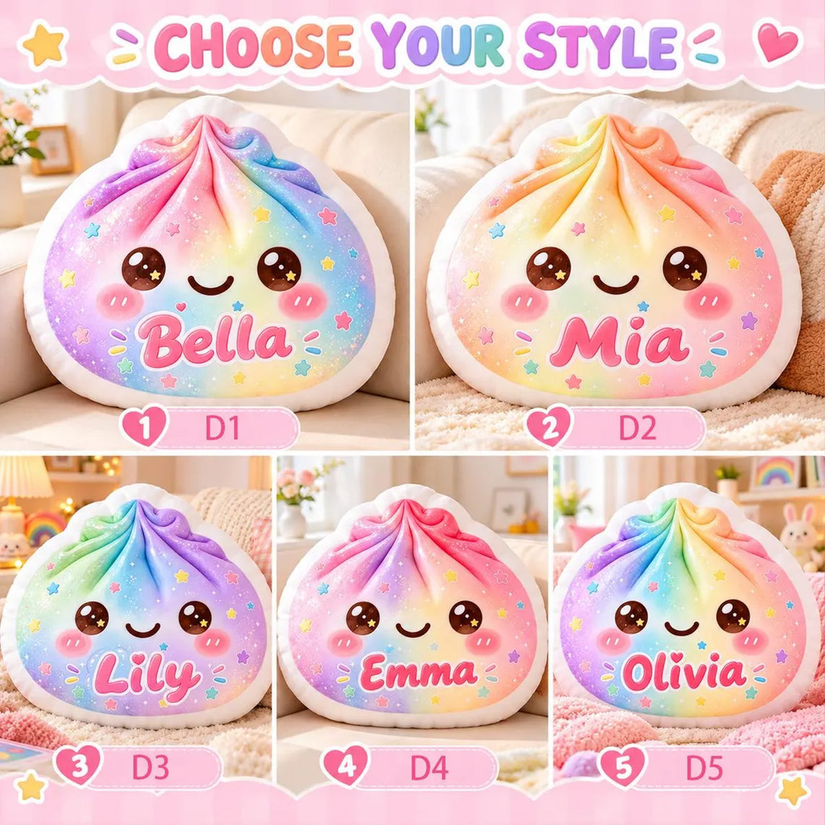 Personalized Glitter Dumpling Pillow, Custom Name Rainbow Cushion, Kids Room Decor, Christmas Gift 686907 WFD
