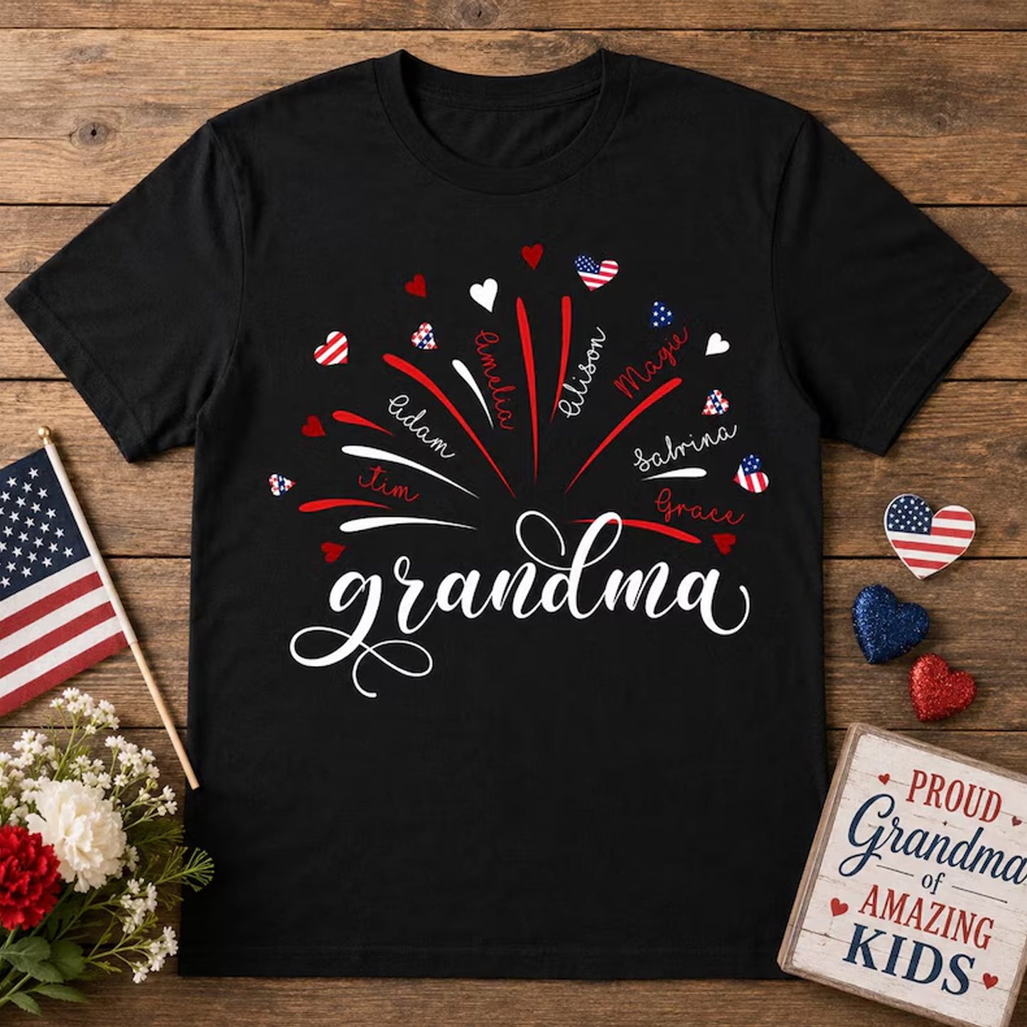 Personalized Grandma Kids Names Firework Shirt, Patriotic 250 Years Nana Mimi Gigi 4th of July Tee 685206 WFD