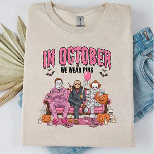 In October We Wear Pink Shirt, Breast Cancer Awareness Tee, Horror Characters Halloween T-Shirt 683310