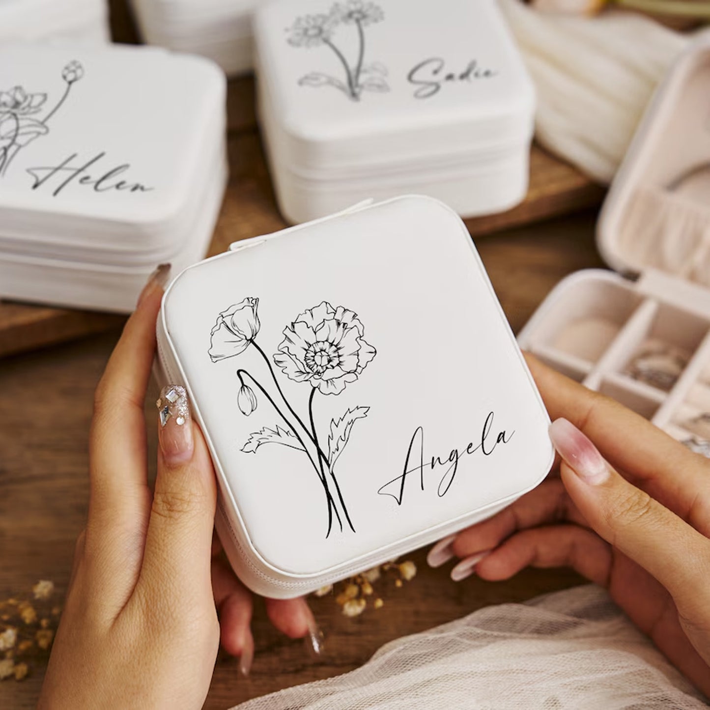 Personalized Travel Jewelry Box | Small Square Earring Organizer | Bridesmaid Gift for Sister or Friend 683751