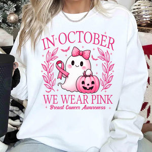In October We Wear Pink, Breast Cancer Awareness Shirt | Cute Ghost Pink Ribbon T-Shirt | Halloween Pink Out Tee 683307