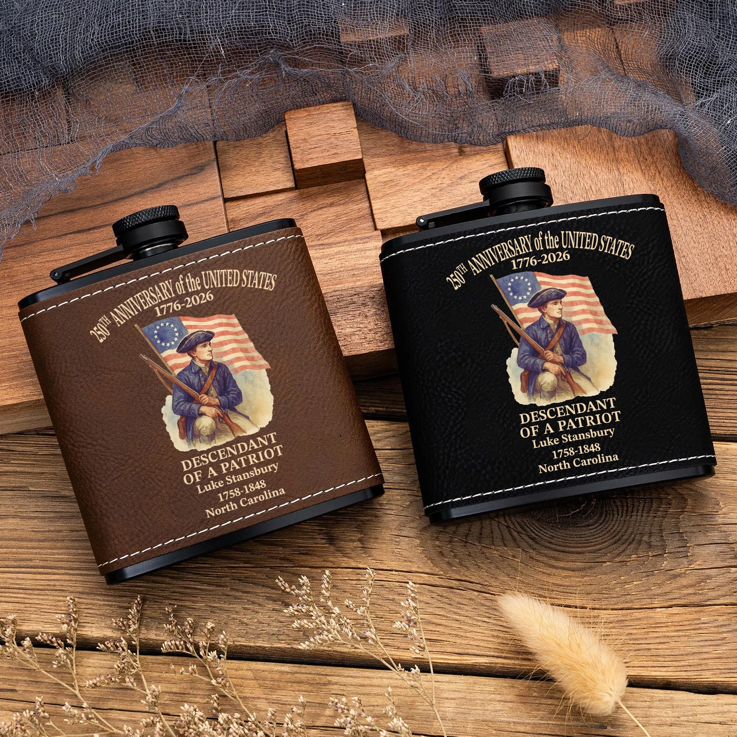 Descendant Of A Patriot Flask, Personalized Leather Flask, 250 Years Anniversary Gift 684597