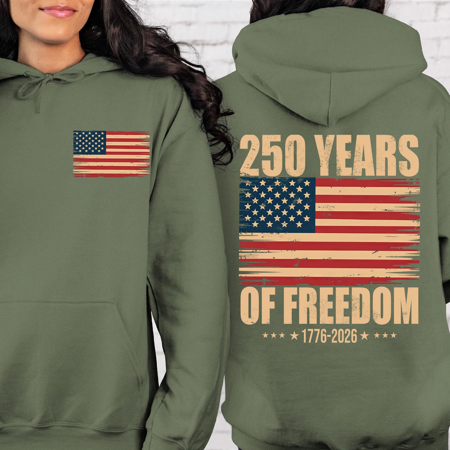 250 Years of Freedom Shirt, Patriotic 4th of July Hoodie, US Flag 1776–2026 Pocket & Back Shirt 684086