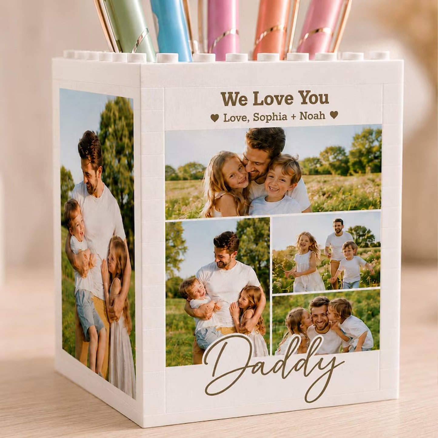 Personalized Daddy & Me Photo Block Pencil Pot, Father's Day Gift For Dad, Custom Brick Pencil Holder 685149