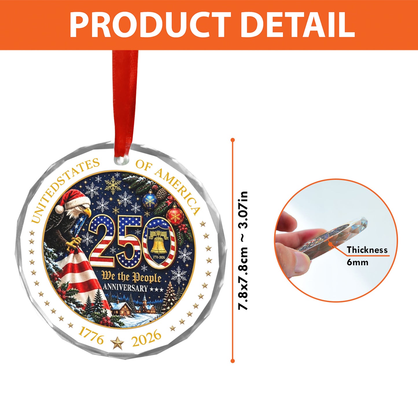 USA 250th Anniversary Glass Ornament, 1776-2026 Patriotic Eagle Christmas Ornament 685818