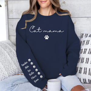 Personalized Cat Mama Sweatshirt with Cat Name, Custom Cat Mom Sweater, Front & Right Sleeve Print 683982