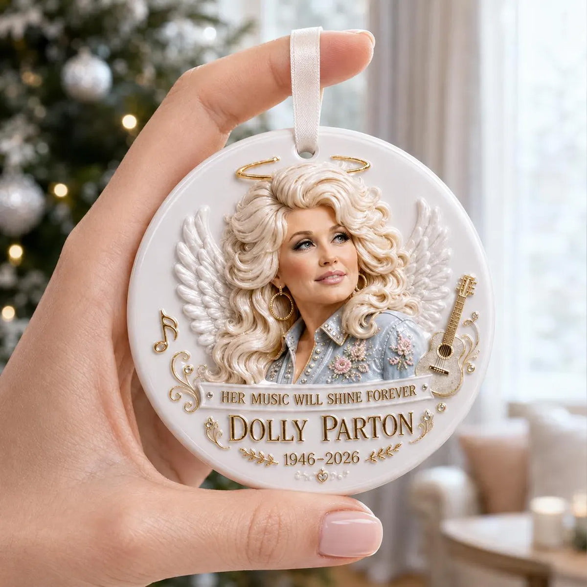 Dolly Parton Angel 3D Relief White Acrylic Ornament, Country Music Legend Memorial Christmas Ornament 686143 WFD