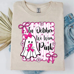 October We Wear Pink Breast Cancer Awareness Shirt | Cute Ghost Pink Ribbon T-Shirt | Halloween Pink Out Tee 683314-3