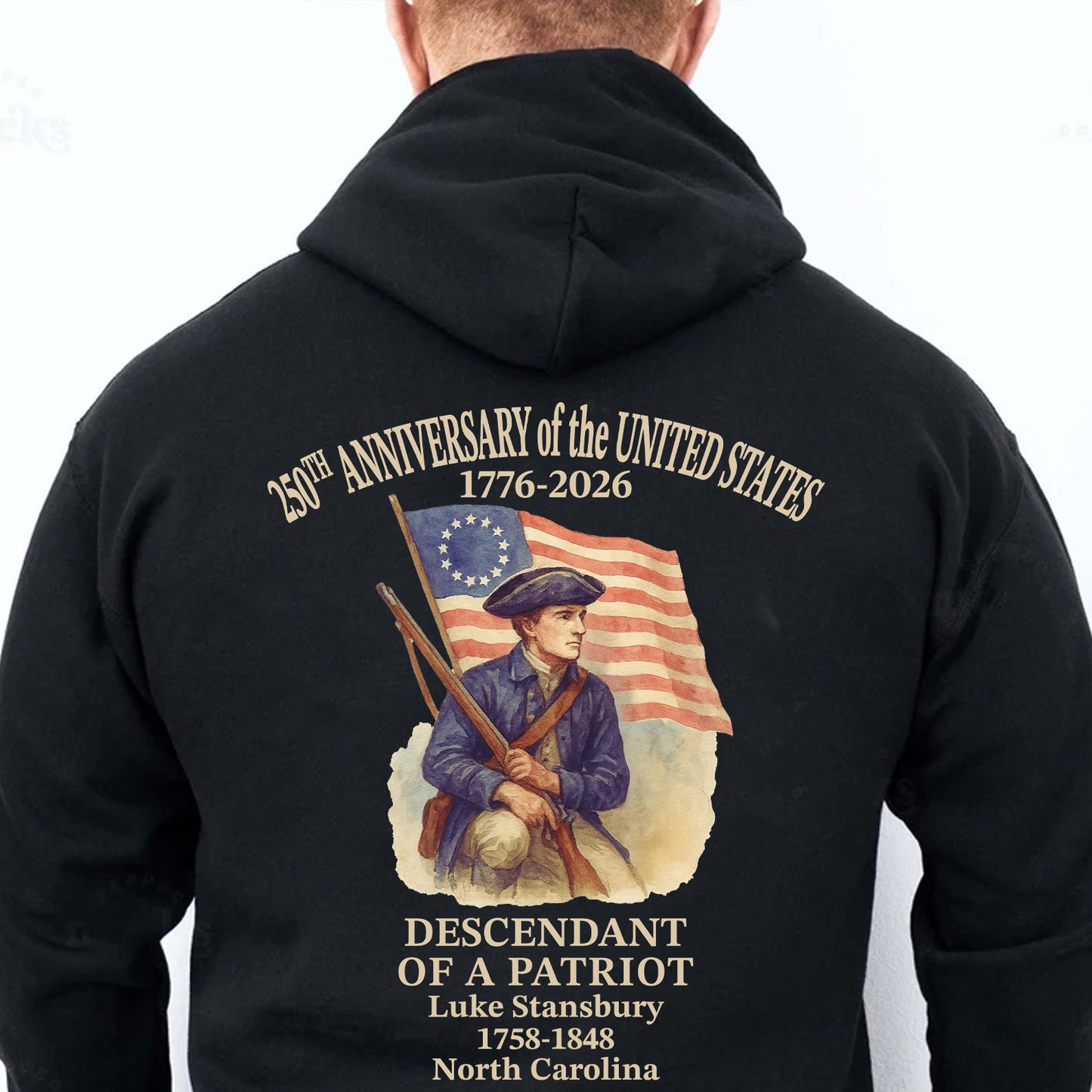Personalized 250 Years of America Backside Shirt | Custom Name Descendant of a Patriot | Patriotic 1776–2026 Tee 684228
