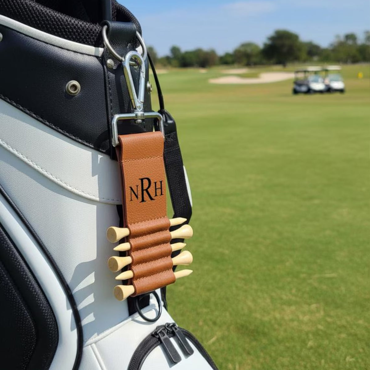 Personalized Engraved Leather Golf Bag Tag with Tee Holder, Custom Name & Monogram Gift for Golfers 686950 WFD
