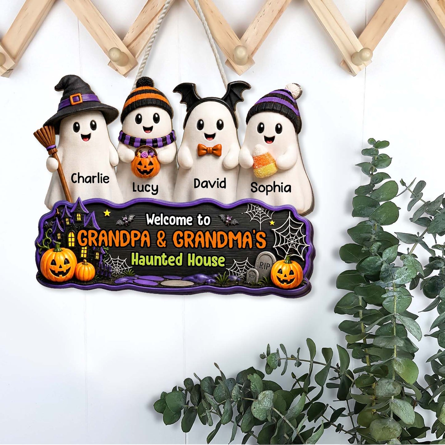 Personalized Halloween Grandma Grandpa Haunted House Wood Sign, Custom Ghost Family Welcome Door Decor 685786