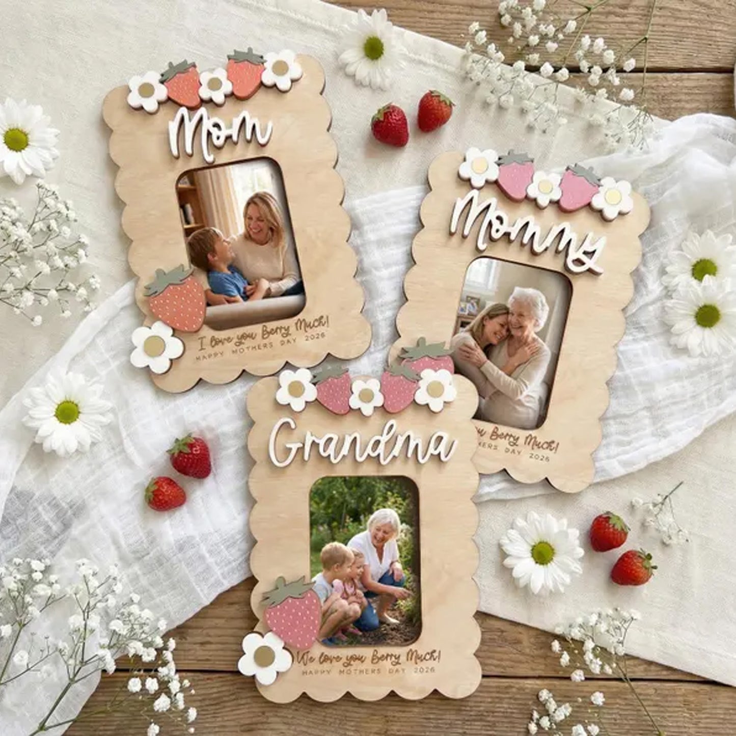 Personalized Wooden Photo Magnet, Custom Mom Fridge Magnet, Strawberry Gift for Grandma, Mother’s Day Gift 684678