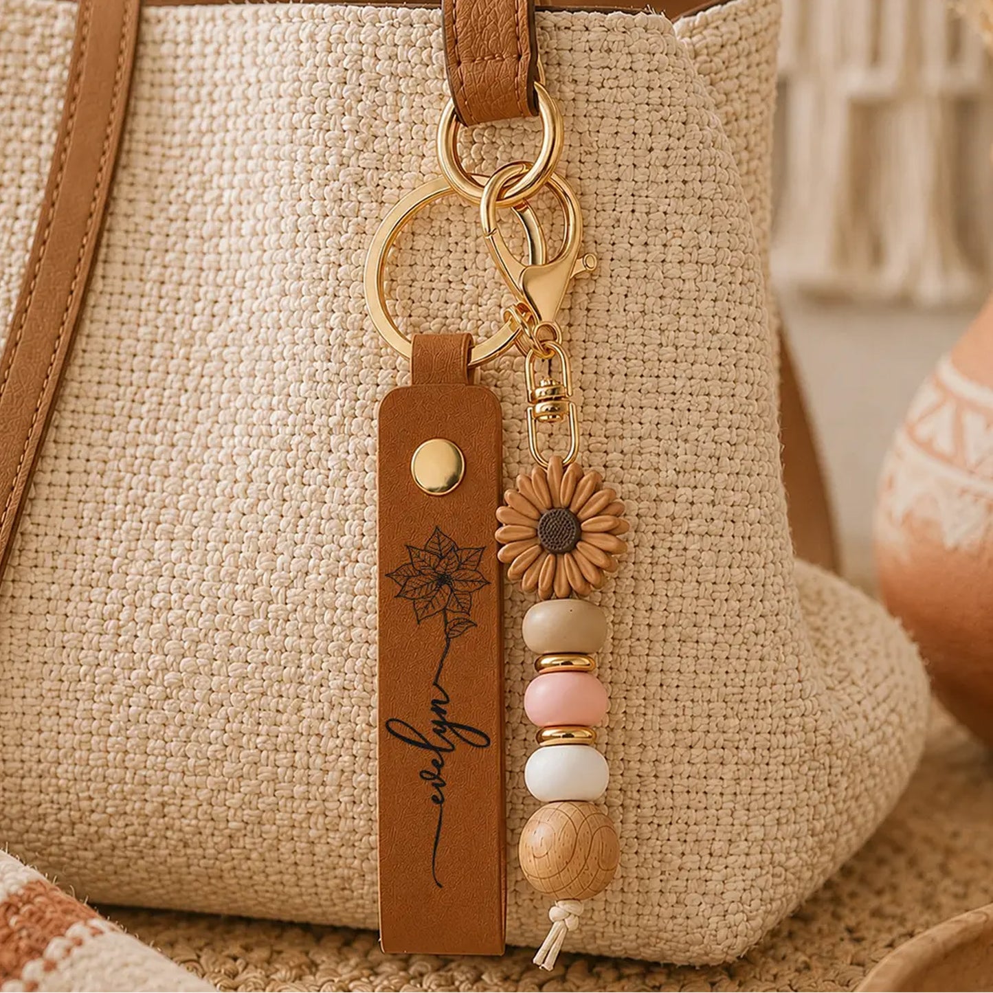 Personalized Birth Month Flower Leather Beaded Keychain, Custom Name Floral Keychain Gift 685767 WFD
