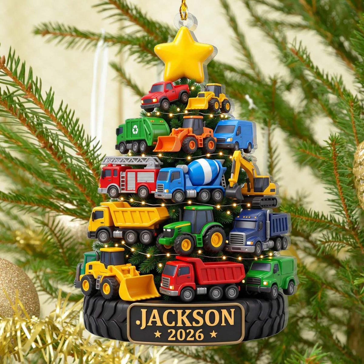 Personalized Construction Trucks Christmas Tree Acrylic Ornament, Custom Name Kid Truck Lover Ornament, Xmas Tree Decor Gift 686724 WFD