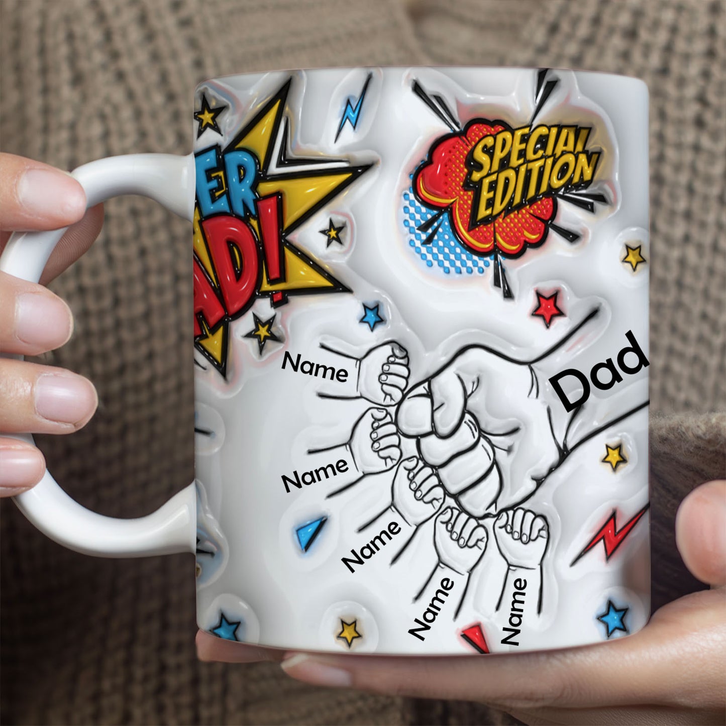 Super Dad 3D Mug | Special Edition Custom Inflated Fist Bump Wrap With Kids’ Names | Father’s Day Coffee Cup Gift for Dad 682254