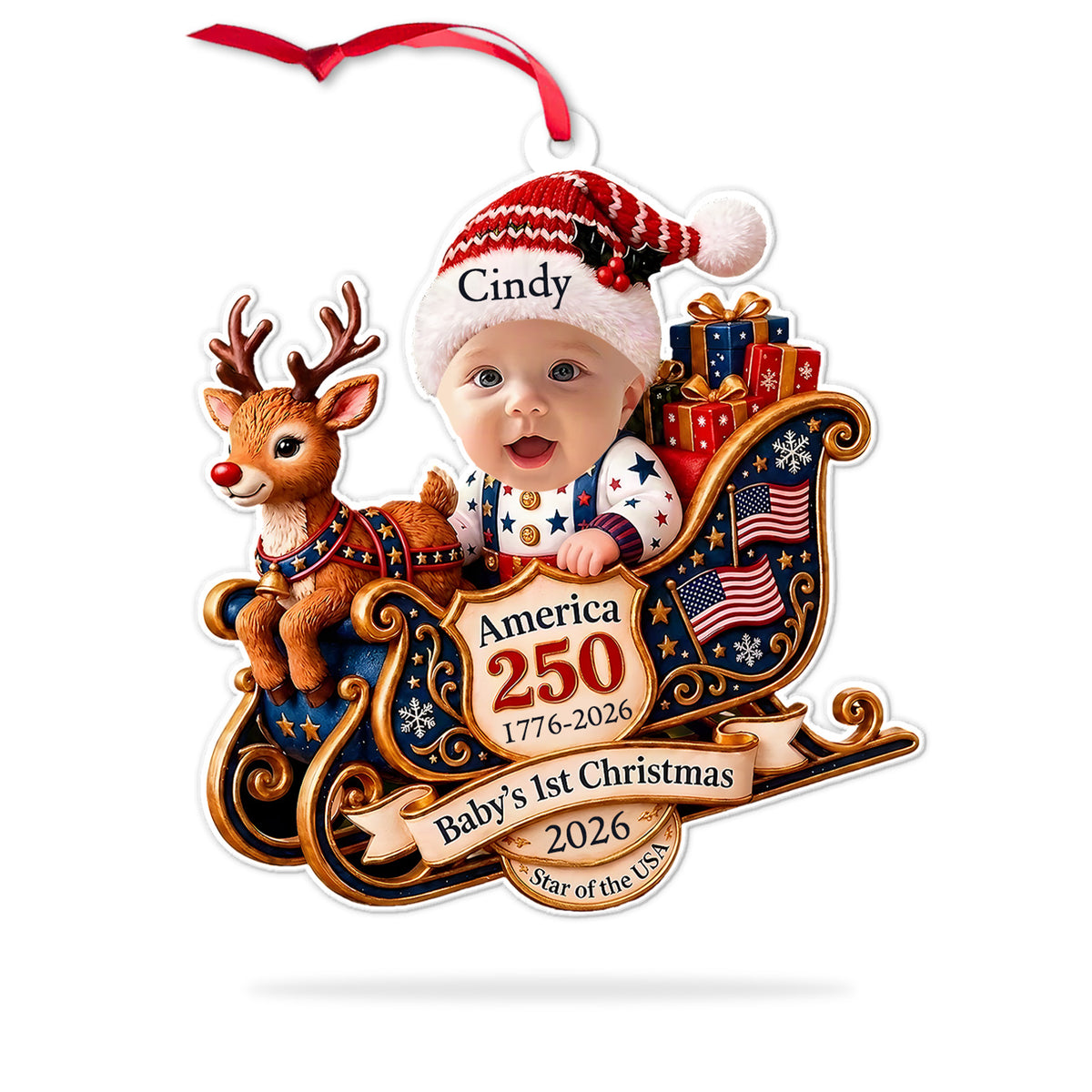 Personalized Baby's First Christmas Acrylic Ornament 2026, Custom Name Baby Sleigh Reindeer Tree Hanging Decor, America 250th Semiquincentennial Anniversary Keepsake Gift 686613