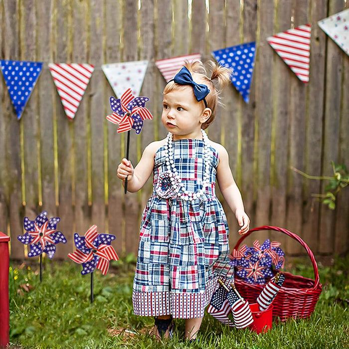 4Th of July Decorations Outdoor - Memorial Day Decorations - 36 Patriotic Stars and Stripes Pinwheels & Flags, Fourth of July Decor for Independence Day Parade Table Party Supplies Home Yard Garden