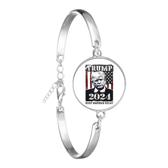 He Will Be Back Bracelet 2024 USA Trump Collection Glass Cabochon Silver Plated Bangle Jewelry for Women Men Support Trump