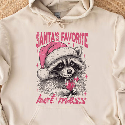 Santa's Favorite Hot Mess Shirt, Funny Christmas Raccoon Sweater, Trendy Pink Christmas Sweatshirt T1640