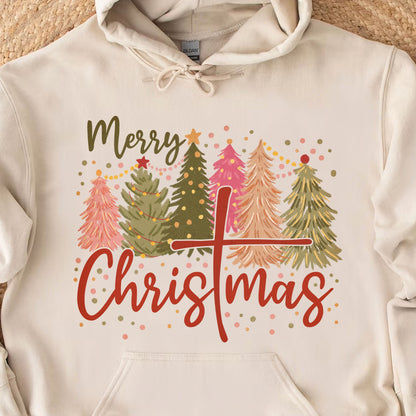 Retro Merry Christmas Shirt, Christmas Cross Sweater, Xmas Tree Holiday Sweatshirt T1650
