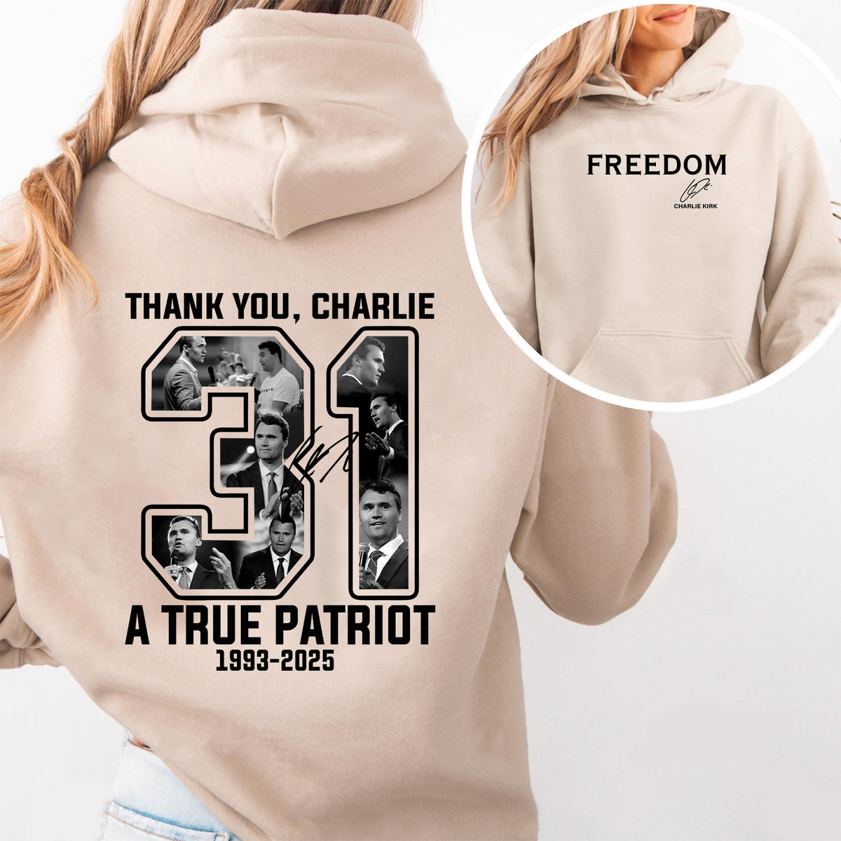 Thank you Charlie 31 A True Patriot Shirt | Rest In Peace Charlie Kirk Hoodie | Justice Charlie Kirk Memorial Front & Back Shirt 683017