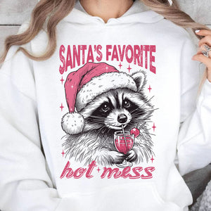 Santa's Favorite Hot Mess Shirt, Funny Christmas Raccoon Sweater, Trendy Pink Christmas Sweatshirt T1640