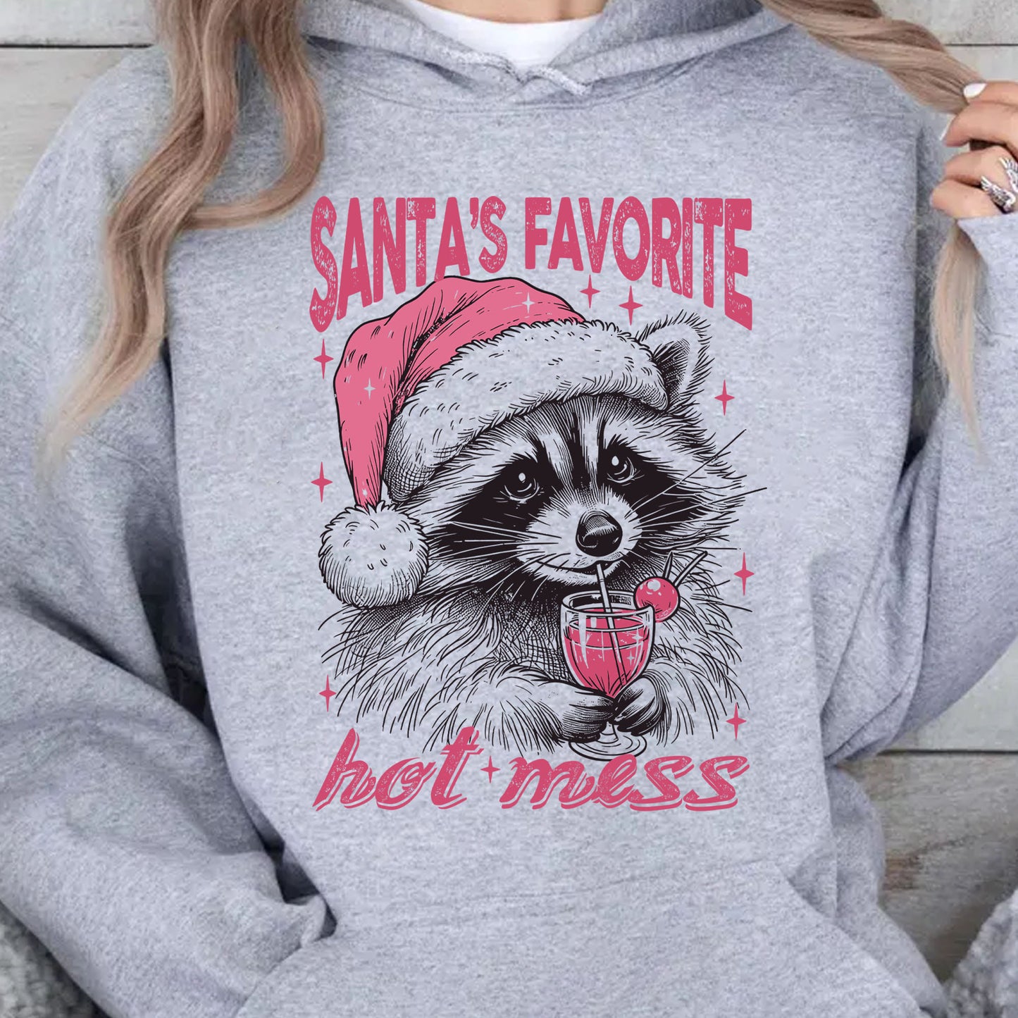Santa's Favorite Hot Mess Shirt, Funny Christmas Raccoon Sweater, Trendy Pink Christmas Sweatshirt T1640