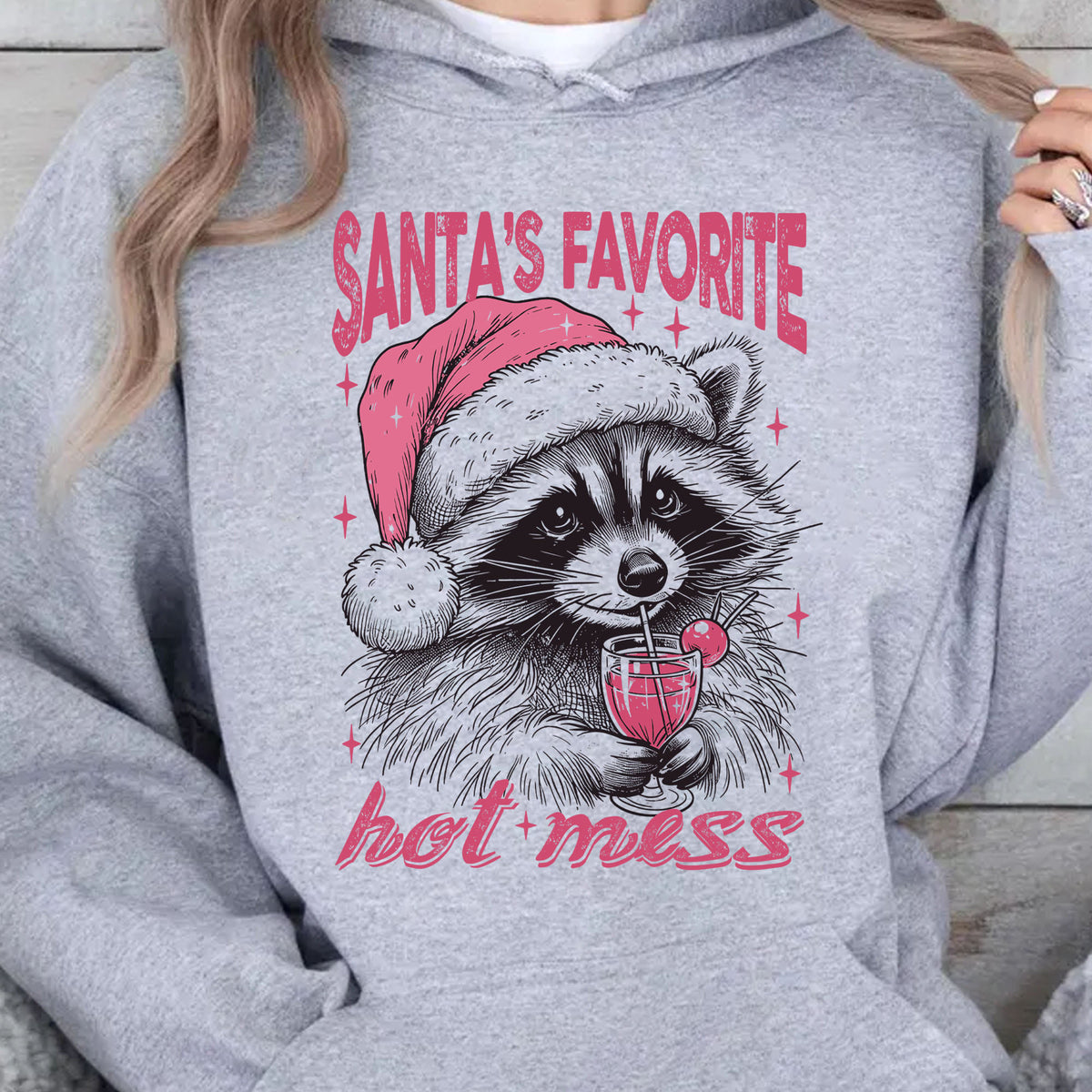 Santa's Favorite Hot Mess Shirt, Funny Christmas Raccoon Sweater, Trendy Pink Christmas Sweatshirt T1640