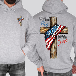 Stand For The Flag Kneel For The Cross Christian Shirt | Patriotic USA Flag Cross Tee | Faith Based 4th of July Pocket & Back Shirt 683191