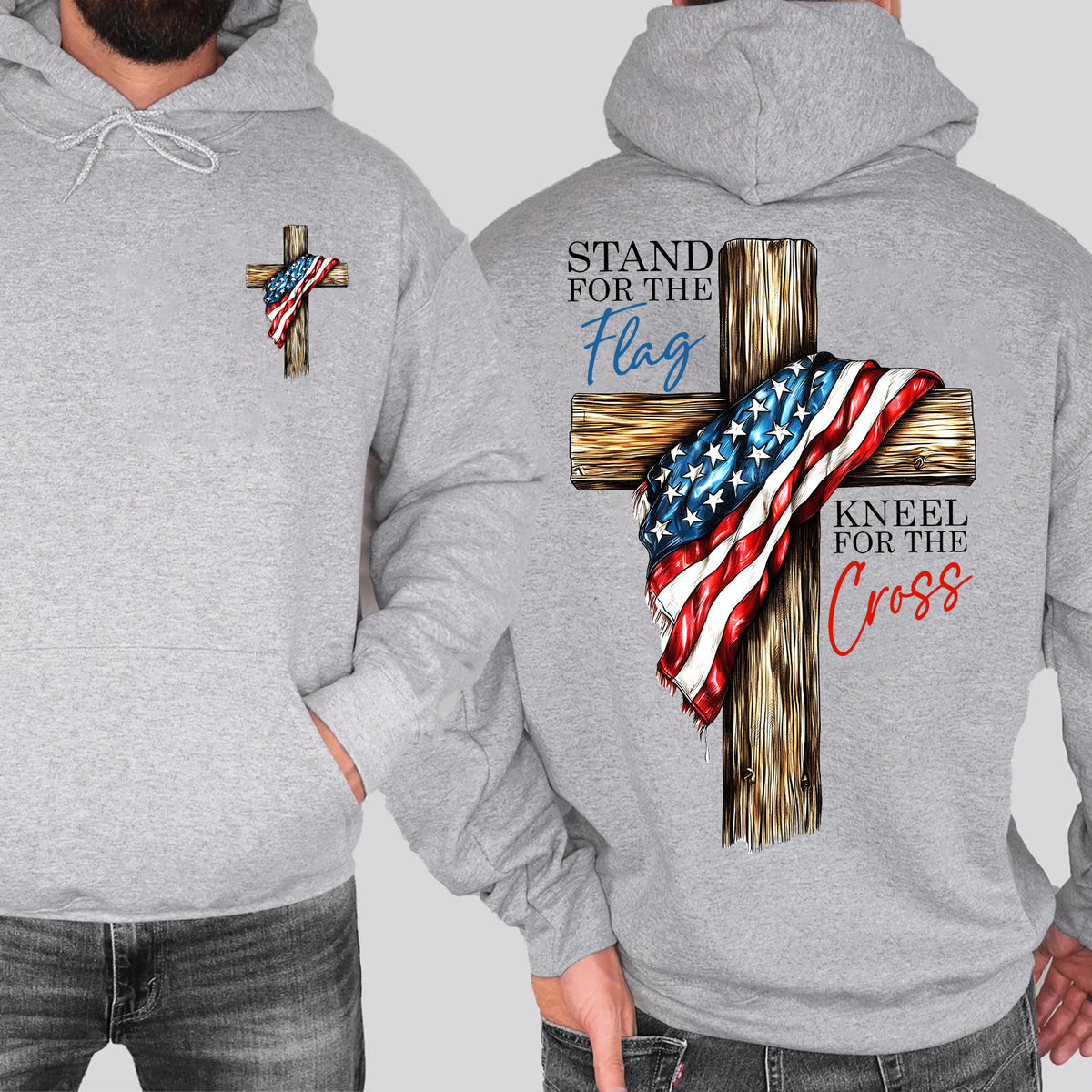 Stand For The Flag Kneel For The Cross Christian Shirt | Patriotic USA Flag Cross Tee | Faith Based 4th of July Pocket & Back Shirt 683191