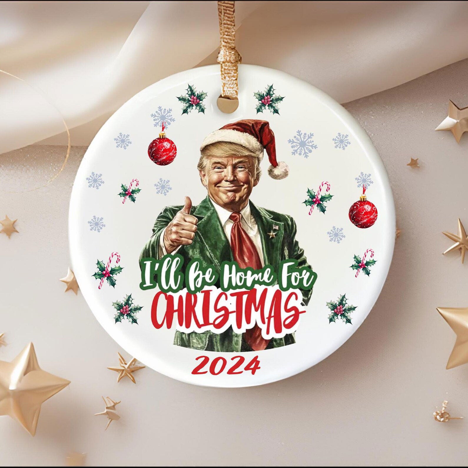 Trump I'll Be Home for Christmas Ceramic Ornament, Humorous Trump Christmas Gift, Trump Ornament M1725 - GOP - WFD