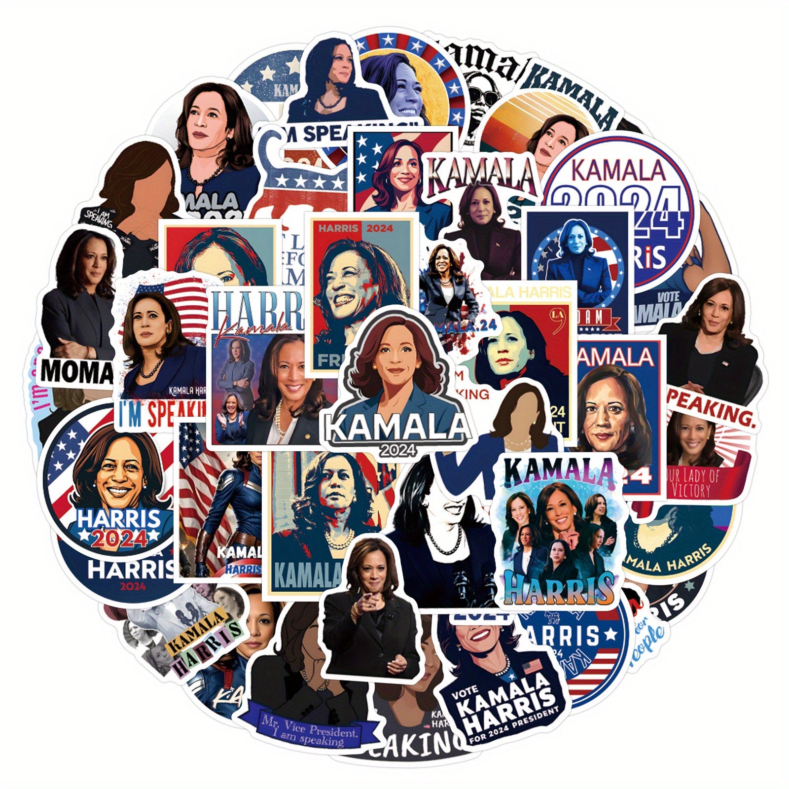 Kamala Harris Inspired Stickers 55pc - PVC Waterproof Decals for Journals, Skateboards, Laptops, Water Bottles - Patriotic Themed Adhesive Stickers for Scrapbooking & Decor, Age 14+, Self-Adhesive on Wood, Glass, Metal, Ceram