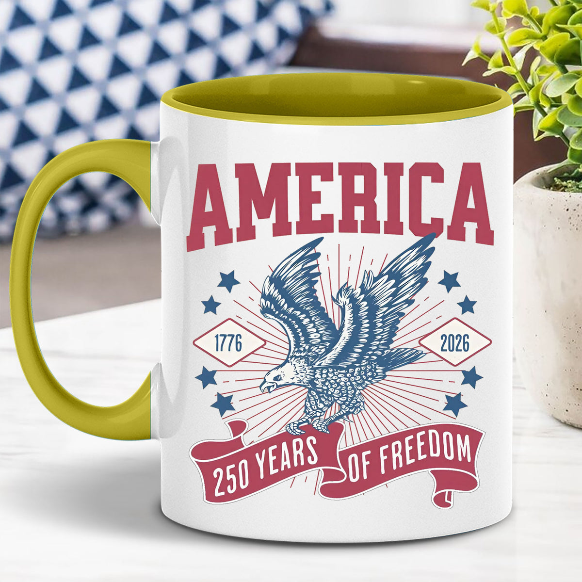 250 Years Of Freedom Mug | Happy 250th Birthday USA | America 250th Anniversary Mug | Patriotic Bald Eagle White Mug Accent Mug 682586