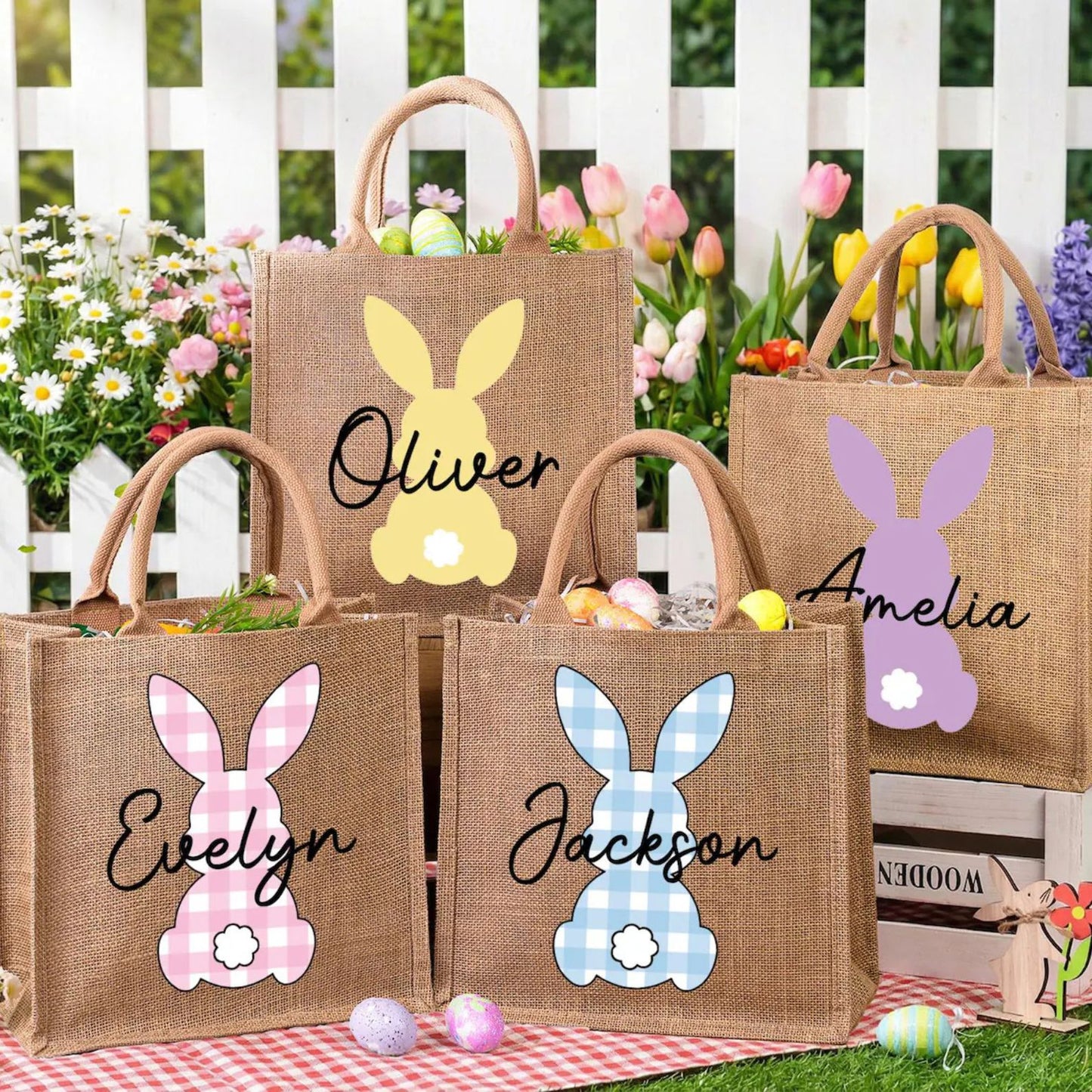 Personalized Easter Tote Bag | Jute Easter Bag | Kids Egg Hunt Bag | Custom Name Easter Basket 684392