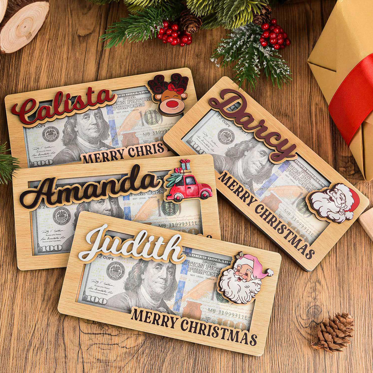 Personalized Christmas Money Holder, Custom Name Reindeer Santa Bill Holder, Holiday Gift For Family 686240 WFD