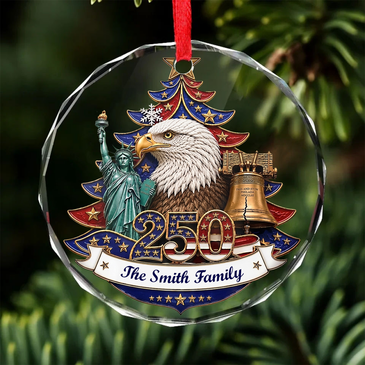Personalized USA 250th Anniversary Glass Ornament, Custom Name Patriotic Christmas Ornament 686052