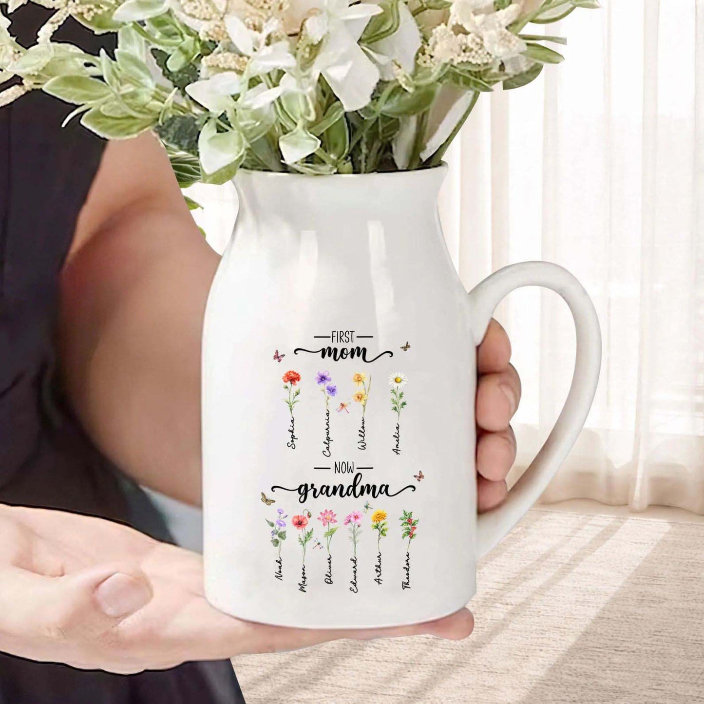 Custom First Mom Now Grandma Ceramic Flower Vase | Personalized Ceramic Vase | Custom Birth Month Flower Vase 684737